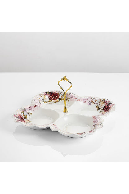 Platou compartimentat 4 secțiuni porțelan model floral vintage, mâner auriu