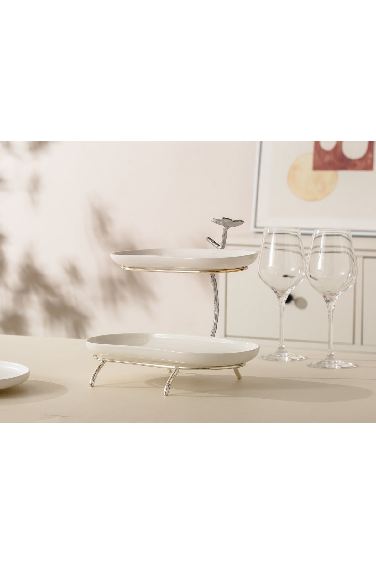 Platou etajat oval Candy Bar din Porțelan cu Suport Metalic Argintiu - 25.9 cm