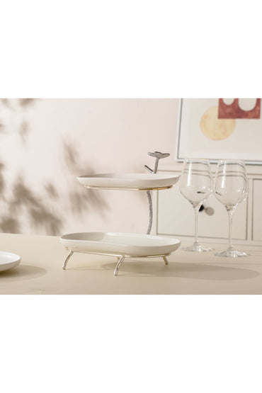 Platou etajat oval Candy Bar din Porțelan cu Suport Metalic Argintiu - 25.9 cm