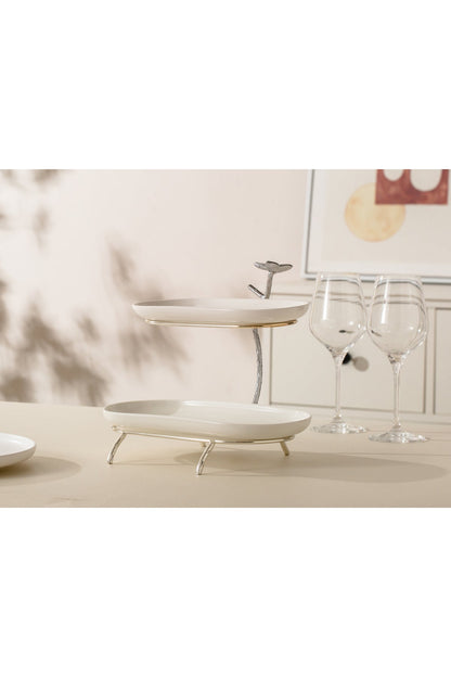 Platou etajat oval Candy Bar din Porțelan cu Suport Metalic Argintiu - 25.9 cm