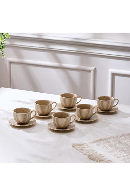 Set de 6 cești cu 6 farfurioare, porțelan, 190 ml - Bej nisip