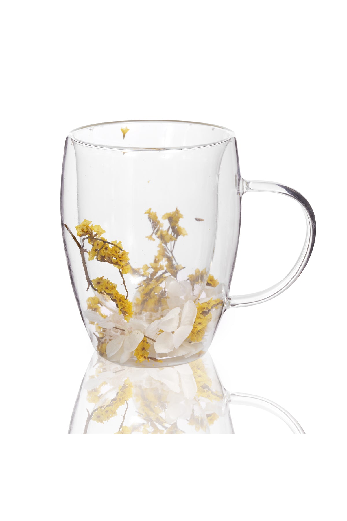 Cană din Sticlă cu Pereți Dubli "Anna" cu Flori Uscate Galbene Naturale - 350 ml
