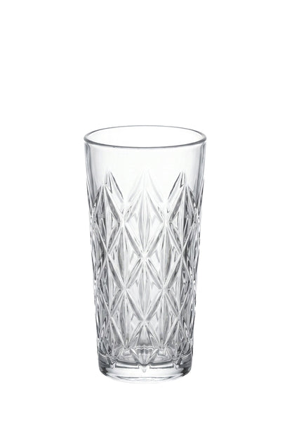 Set 6 pahare highball sticlă Star, model stea gravat, 330ml, transparent