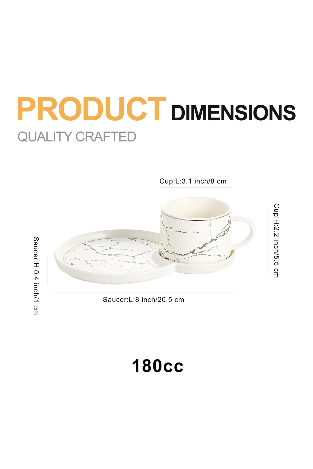 Set 6 cești de cafea din porțelan cu farfurioare duble pentru gustări, 180 ml - Alb