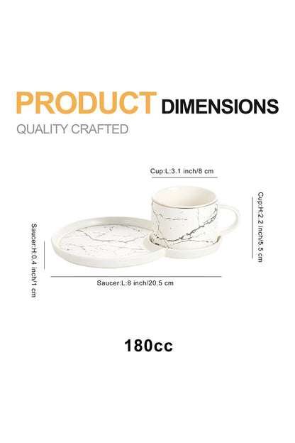 Set 6 cești de cafea din porțelan cu farfurioare duble pentru gustări, 180 ml - Alb