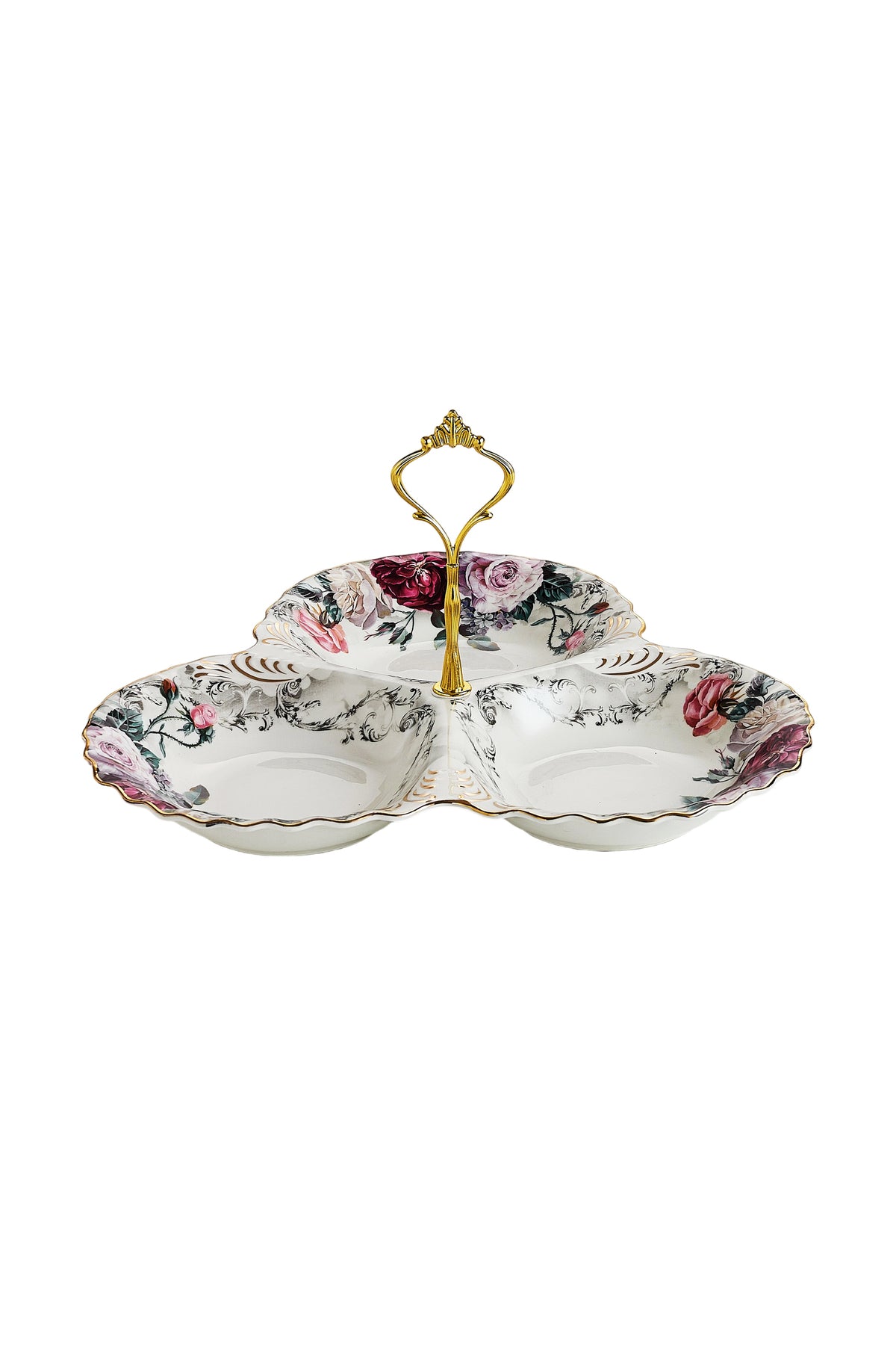 Platou compartimentat 3 secțiuni porțelan, model floral vintage, mâner auriu