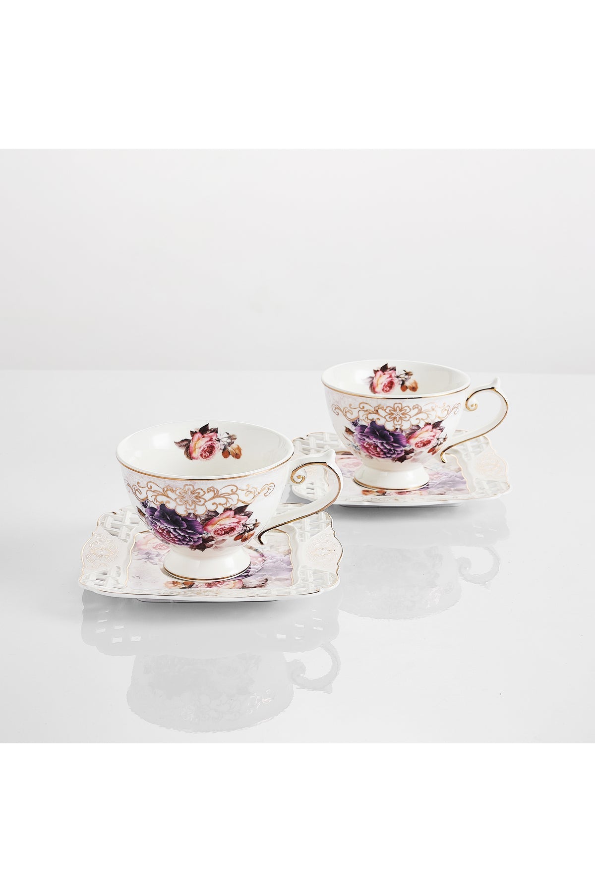 Set 2 cești cafea cu 2 farfurioare porțelan 200 ml – model floral elegant