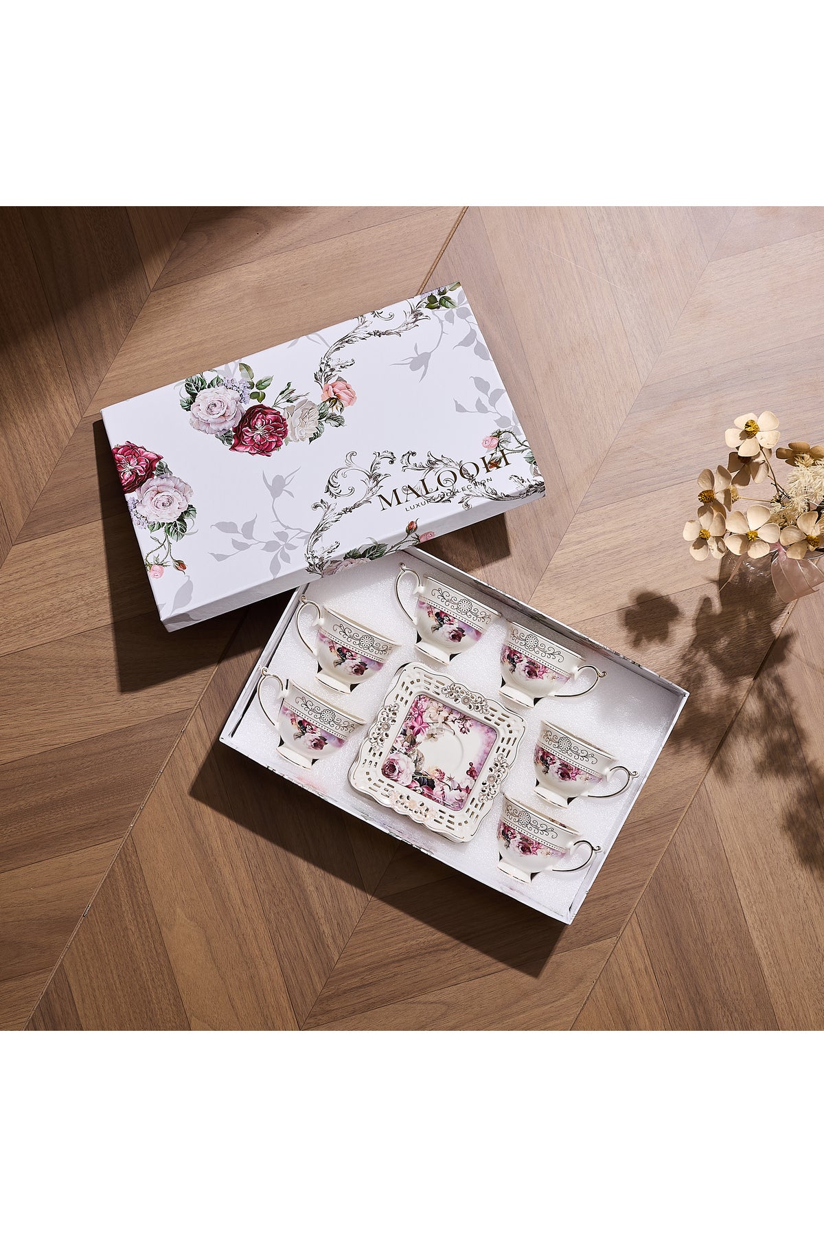 Set 6 cești espresso cu 6 farfurioare porțelan 90 ml – cești cafea model floral elegant