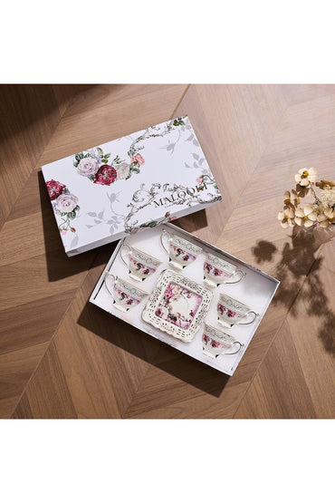 Set 6 cești espresso cu 6 farfurioare porțelan 90 ml – cești cafea model floral elegant