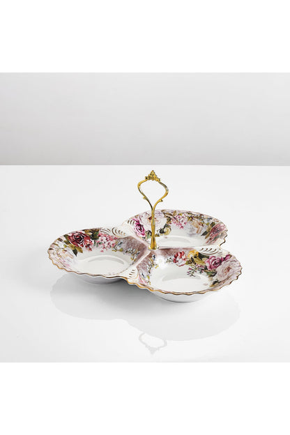 Platou compartimentat 3 secțiuni porțelan, model floral vintage, mâner auriu