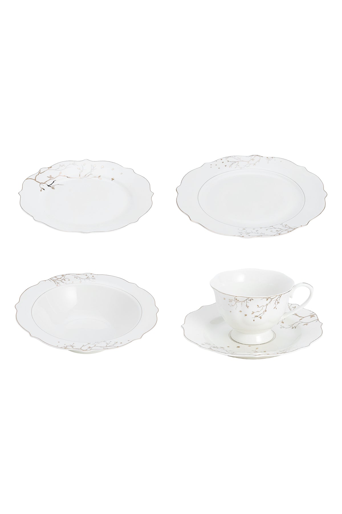 Set masă 30 piese porțelan Lifetree, alb cu ramuri aurii, 6 persoane