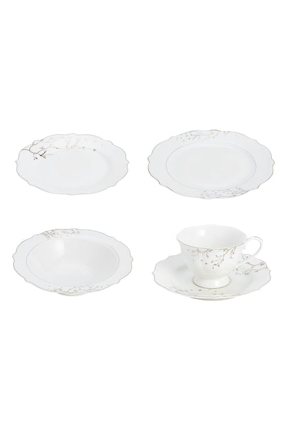 Set masă 30 piese porțelan Lifetree, alb cu ramuri aurii, 6 persoane