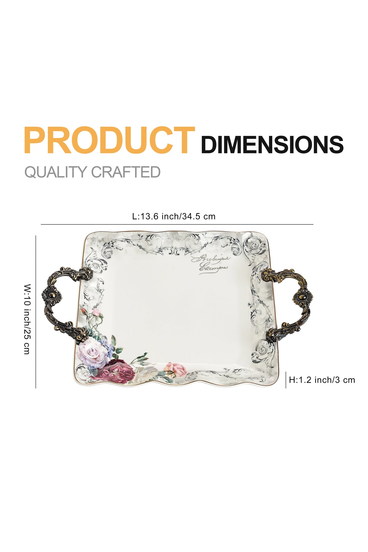 Tavă servire porțelan model floral vintage, mânere metalice bronz, 34.5 cm