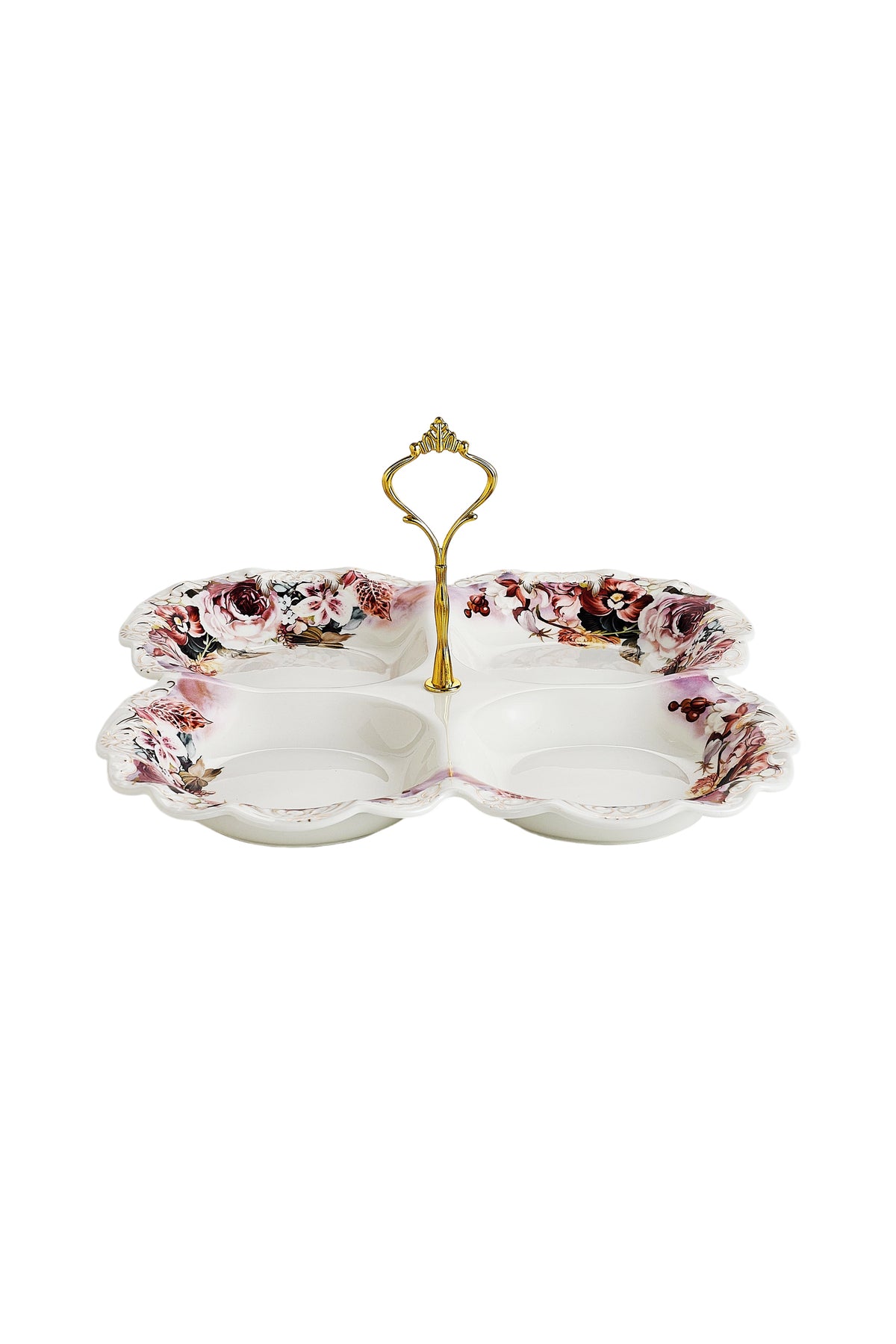 Platou compartimentat 4 secțiuni porțelan model floral vintage, mâner auriu