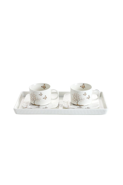 Set 2 cești cu 2 farfurioare și platou din porțelan, 180 ml - LIFETREE collection