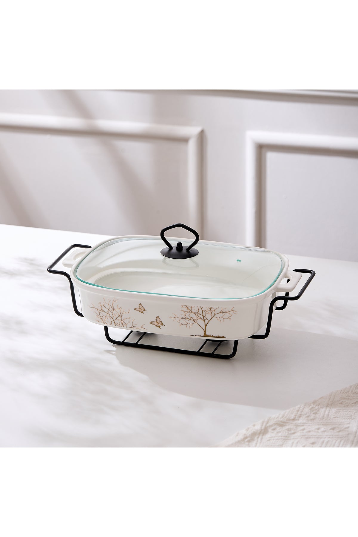 Vas de cuptor din porțelan cu suport încălzitor și capac sticlă, 32 cm - Lifetree Collection