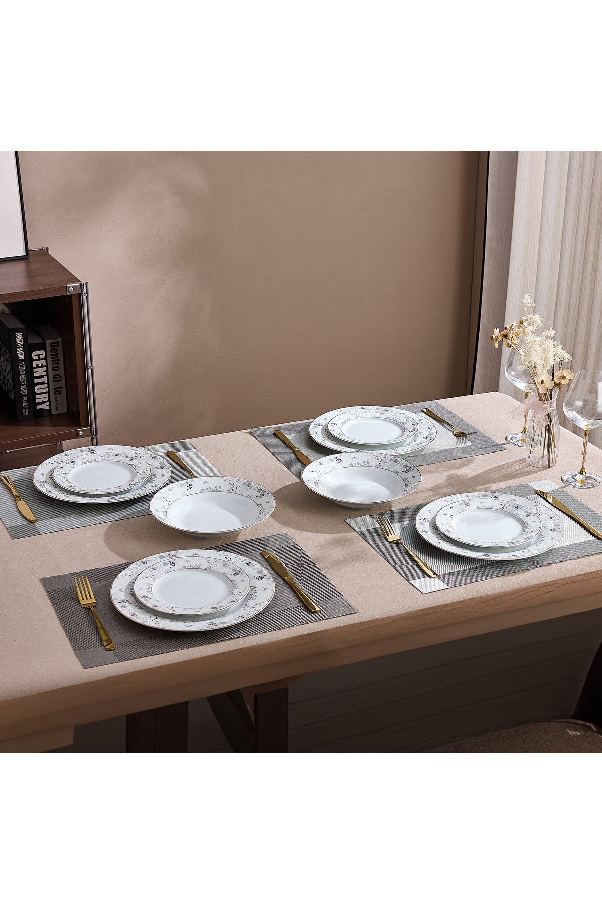 Serviciu de Masă 6persoane Golden Blossom din Porțelan,18 Piese,Design Floral Bogat cu Detalii Aurii