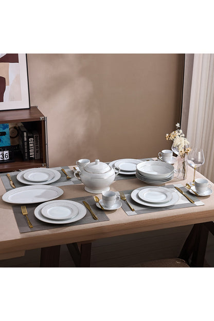 Serviciu de Masă 12 Persoane Golden Stardust din Porțelan , 64 Piese, Design Modern cu Bordură Aurie