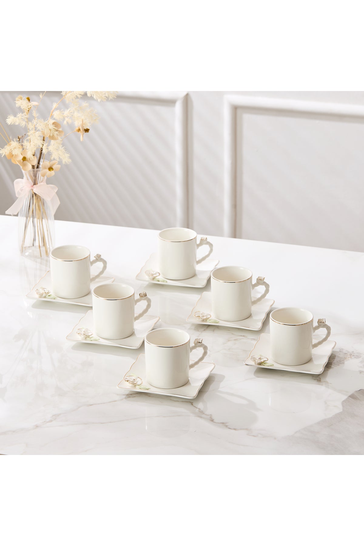 Set 6 Cești de Cafea din Porțelan cu Farfurioare, 180 ml - Detalii Florale