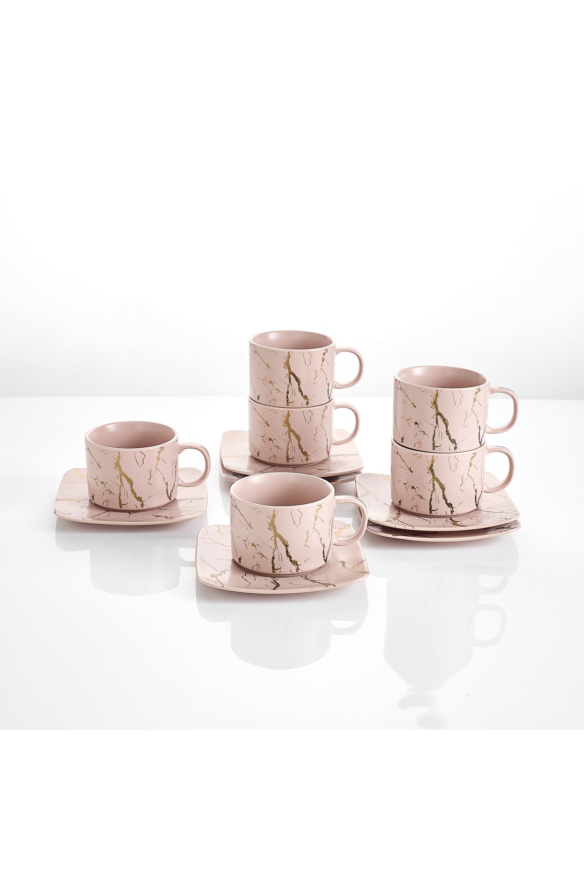 Set de 6 cești cu 6 farfurioare, 180 ml - Roz pal marmorat