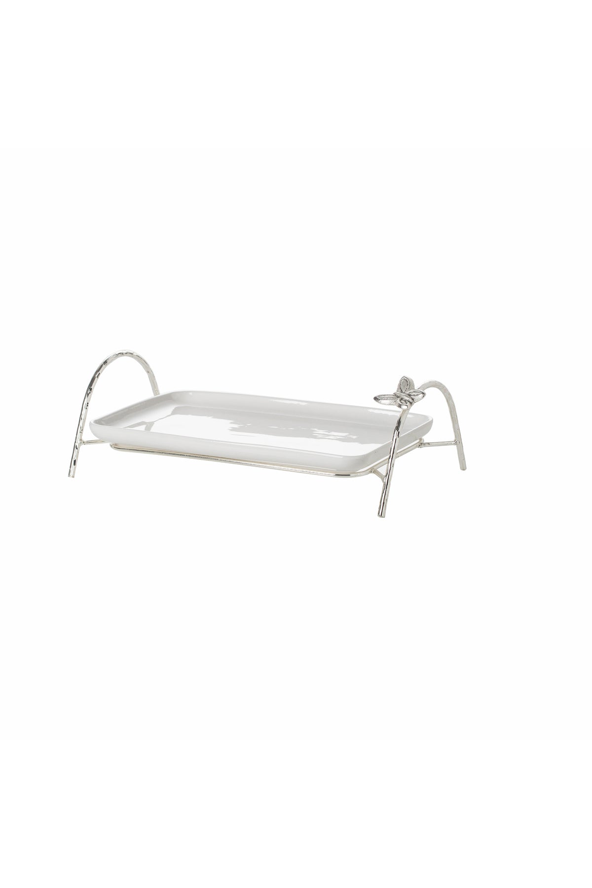 Tavă Festivă din Porțelan alb pe Suport Metalic Argintiu cu Detaliu Fluture 38.6 cm