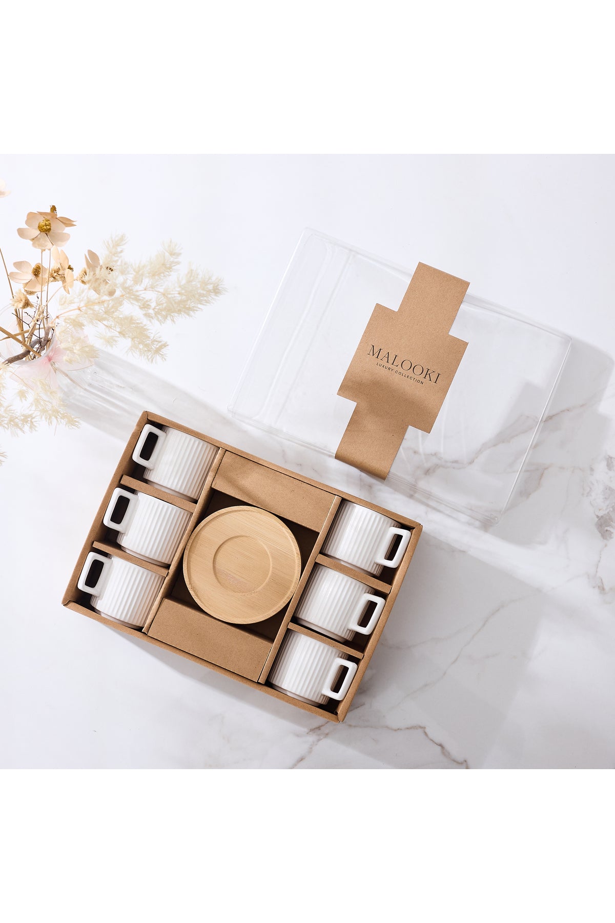 Set 6 cești espresso porțelan Block cu farfurioare bambus, 90ml, alb