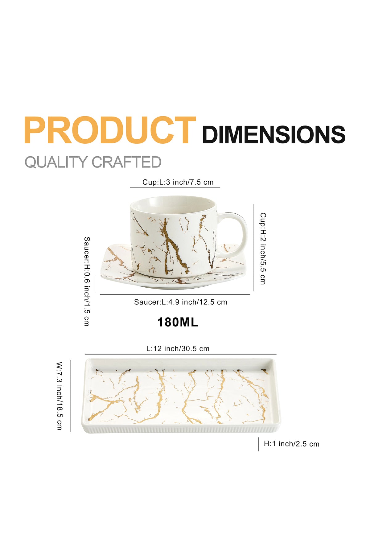 Set 2 cești cu 2 farfurioare și platou din porțelan, 180 ml - Marble collection