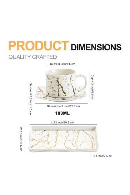 Set 2 cești cu 2 farfurioare și platou din porțelan, 180 ml - Marble collection