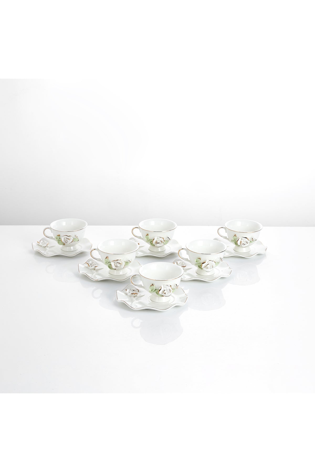 Set 6 cești de cafea din porțelan cu farfurioare, 180 ml - decor floral în relief