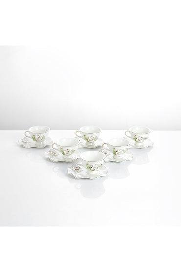 Set 6 cești de cafea din porțelan cu farfurioare, 180 ml - decor floral în relief