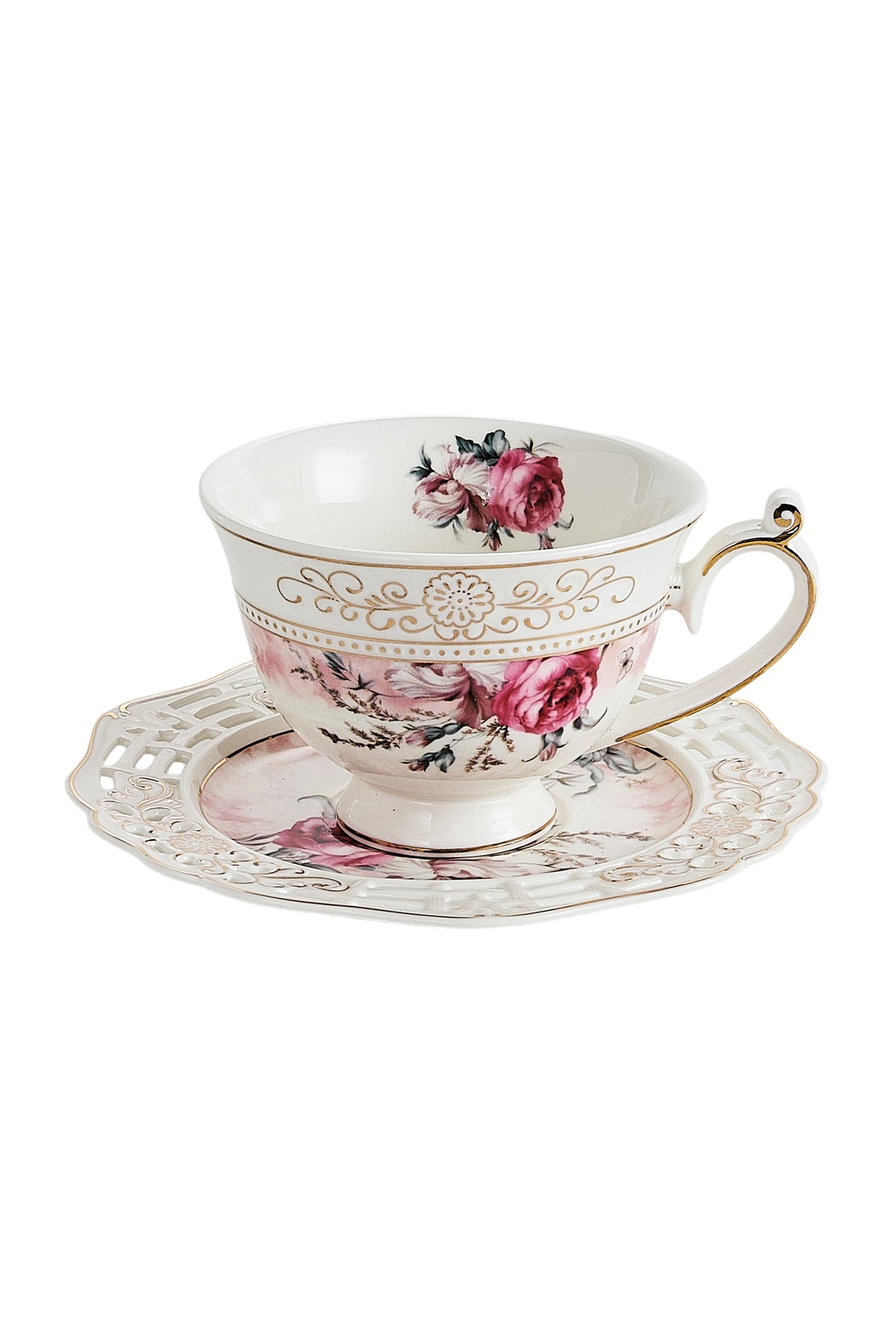 Set 2 cești cafea cu 2 farfurioare rotunde porțelan 200 ml – model floral elegant
