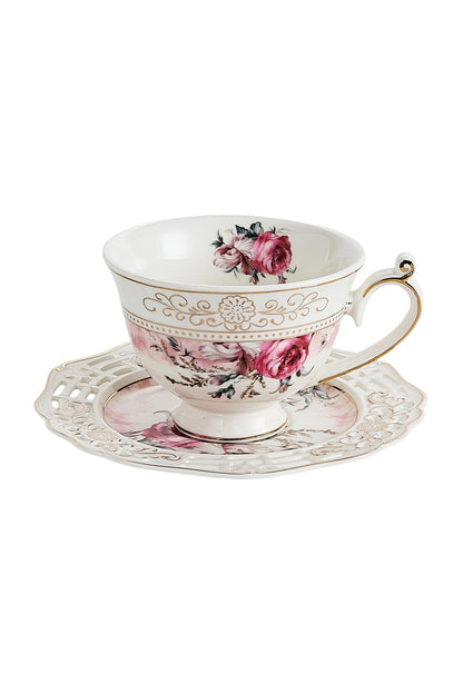 Set 2 cești cafea cu 2 farfurioare rotunde porțelan 200 ml – model floral elegant