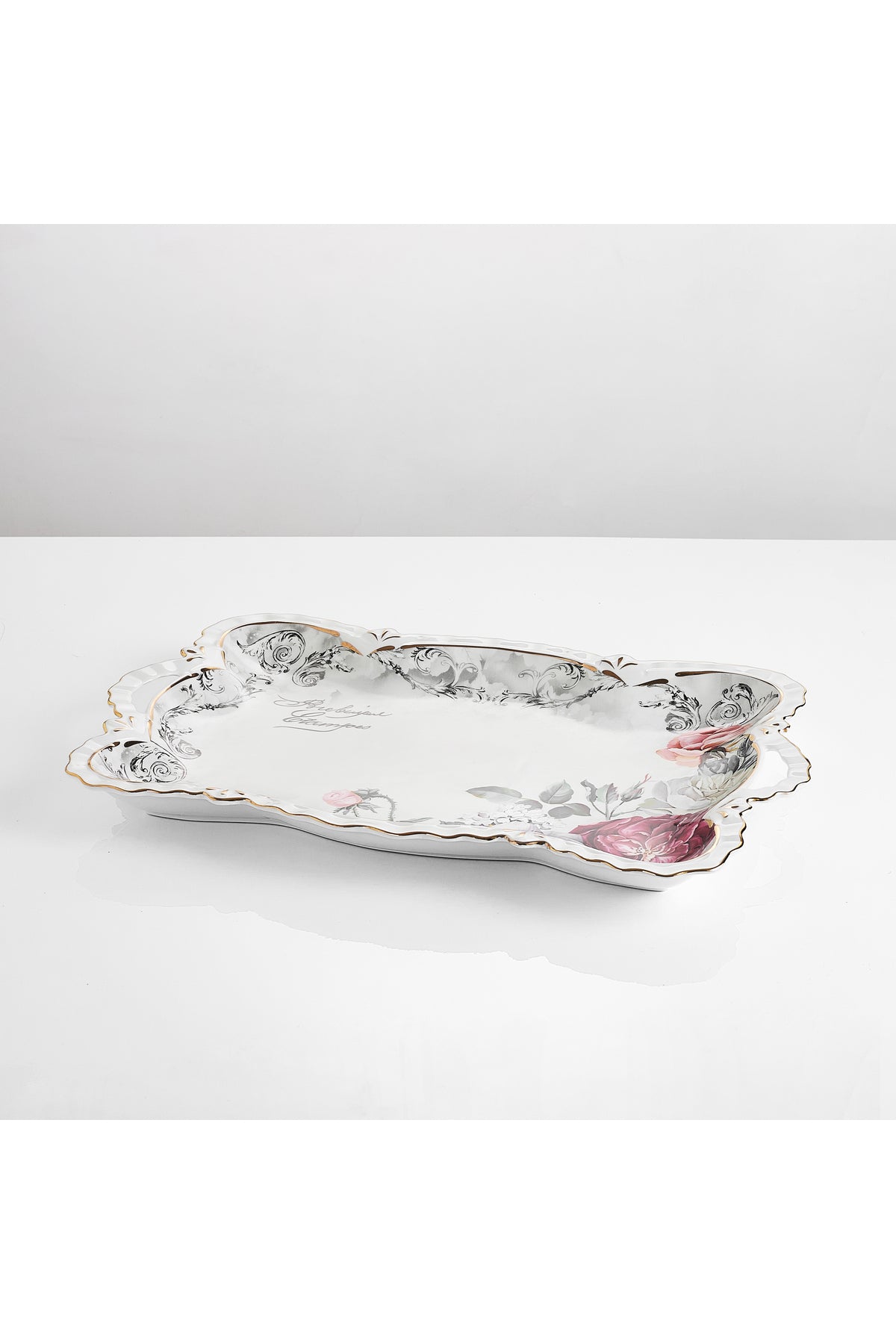 Tavă servire porțelan model floral vintage, mânere integrate, 42 x 27 cm