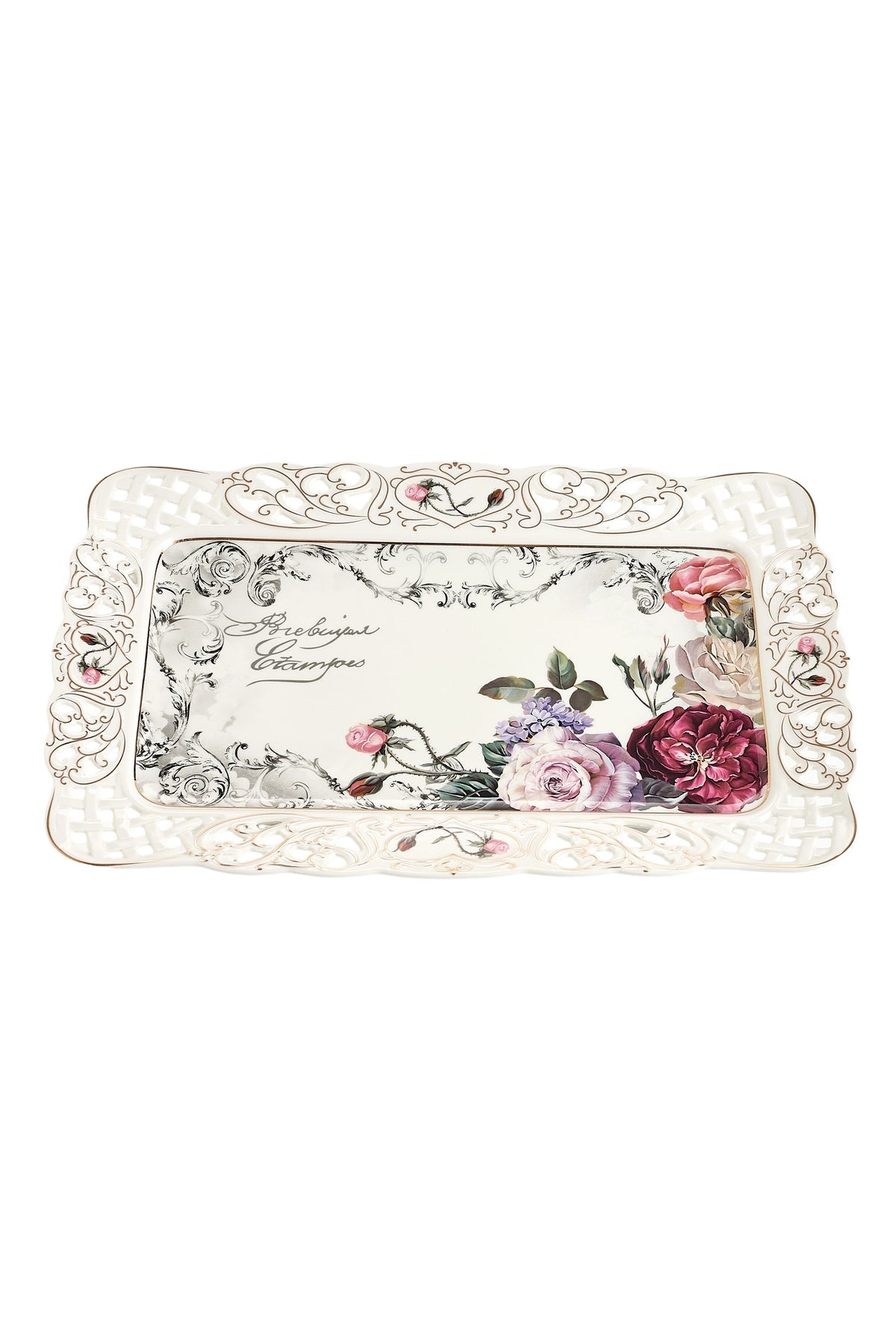 Tavă servire porțelan model floral vintage, margini dantelate decupate, 36 x 23 cm
