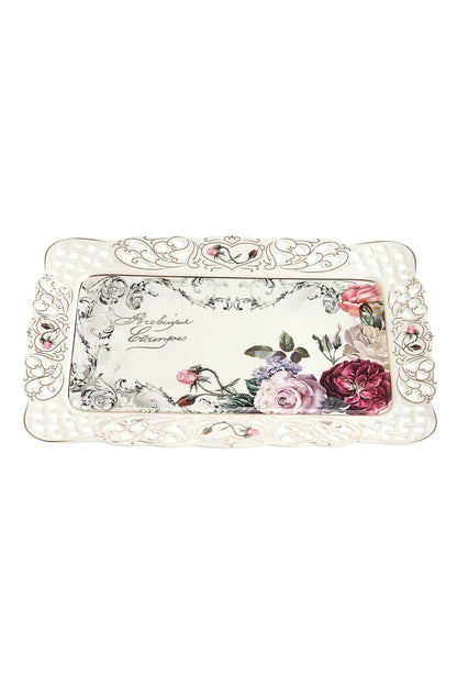 Tavă servire porțelan model floral vintage, margini dantelate decupate, 36 x 23 cm
