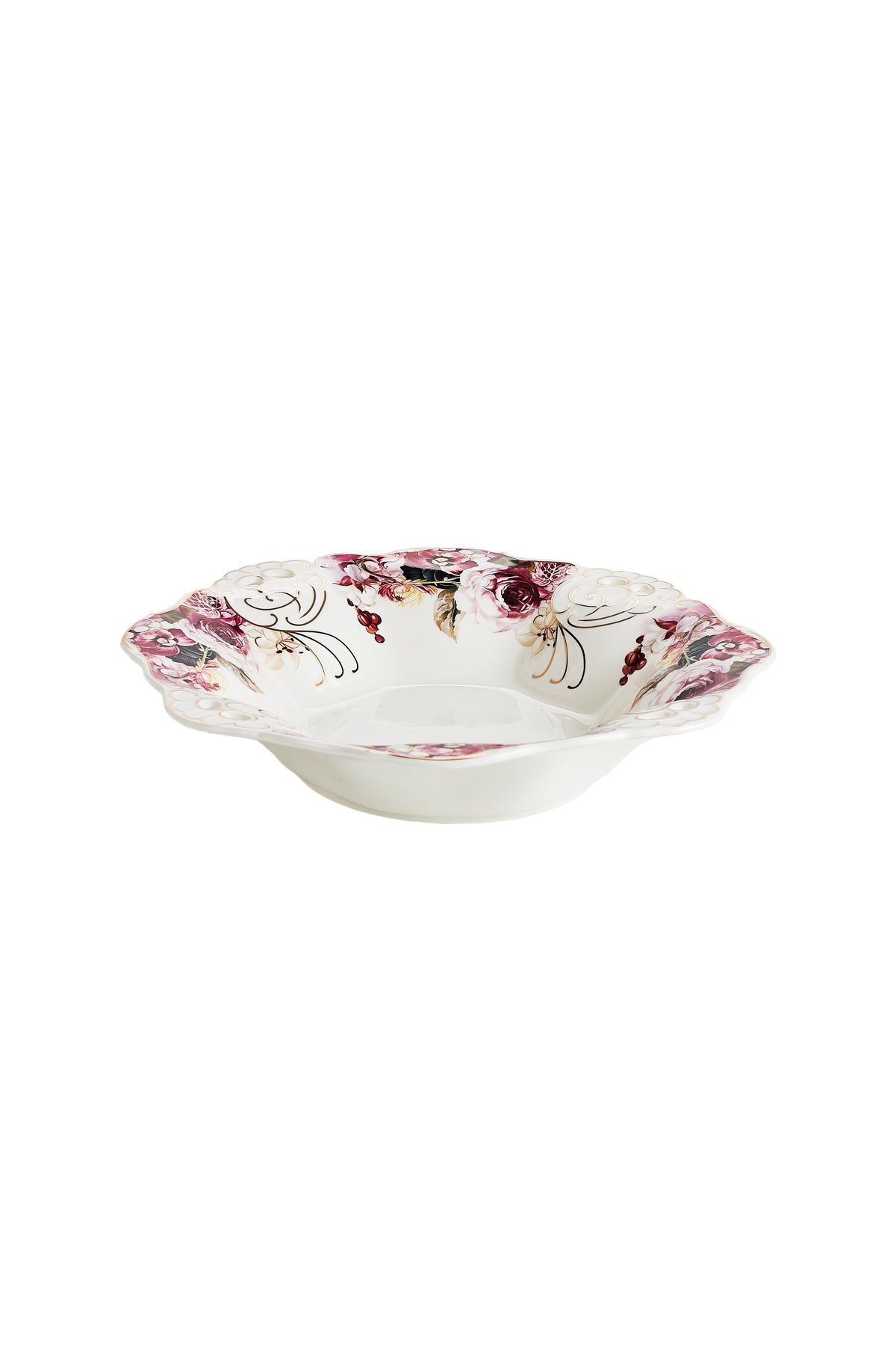Bol fructieră porțelan model floral vintage, margini dantelate, diametru 33 cm