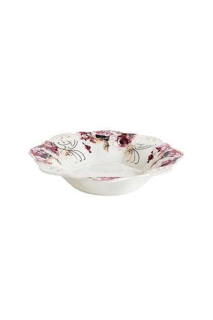 Bol fructieră porțelan model floral vintage, margini dantelate, diametru 33 cm
