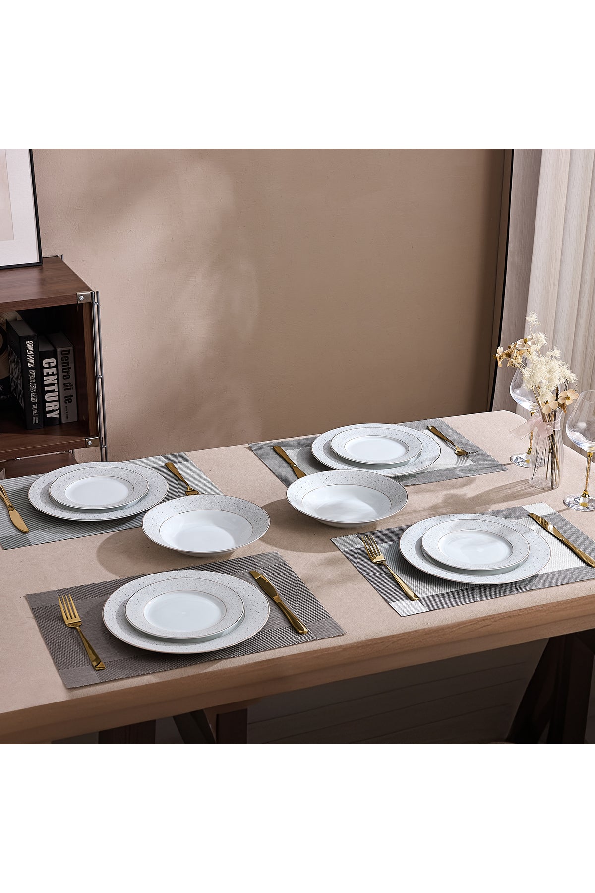 Serviciu de Masă 6 persoane Golden Stardust din Porțelan , 18 Piese, Design Modern cu Bordură Aurie
