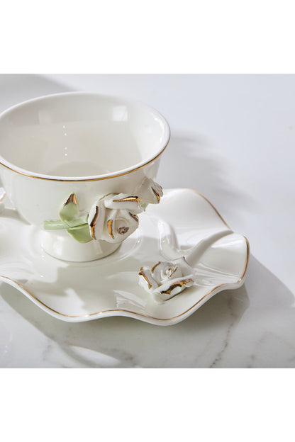Set 2 cești de cafea din porțelan cu farfurioare, 180 ml - decor floral în relief