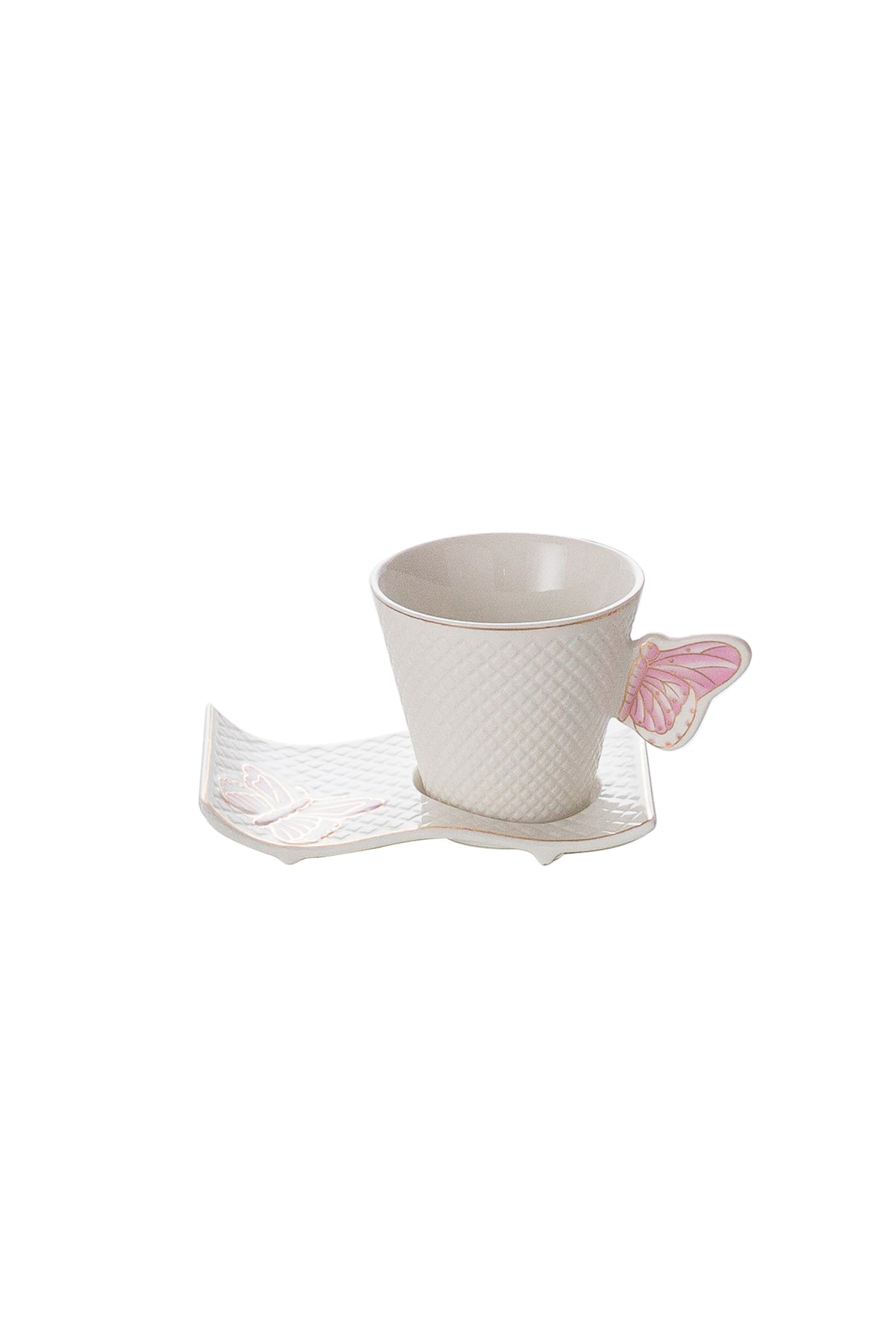Set 6 Cești de cafea cu 6 farfurii ondulate, 180 ml, Porțelan – Model Fluture - Roz