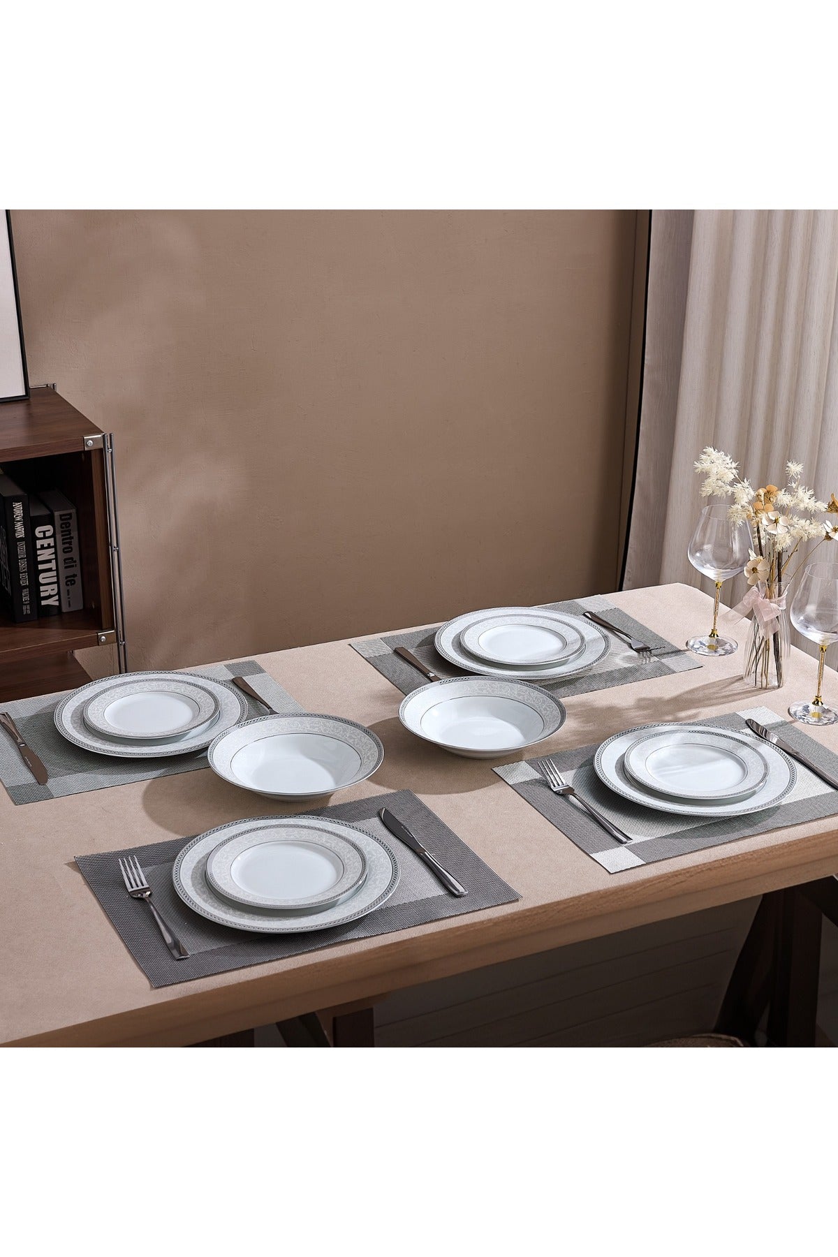 Serviciu de Masă 6 persoane Royal Medallion din Porțelan 18 Piese, Design Floral cu Bordură Argintie