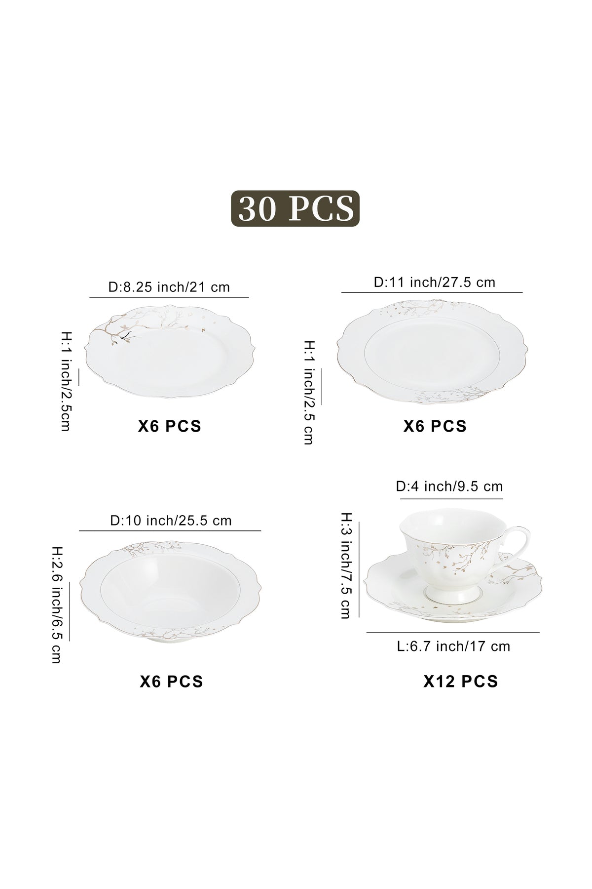 Set masă 30 piese porțelan Lifetree, alb cu ramuri aurii, 6 persoane
