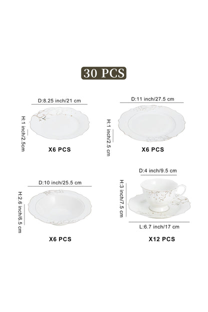 Set masă 30 piese porțelan Lifetree, alb cu ramuri aurii, 6 persoane