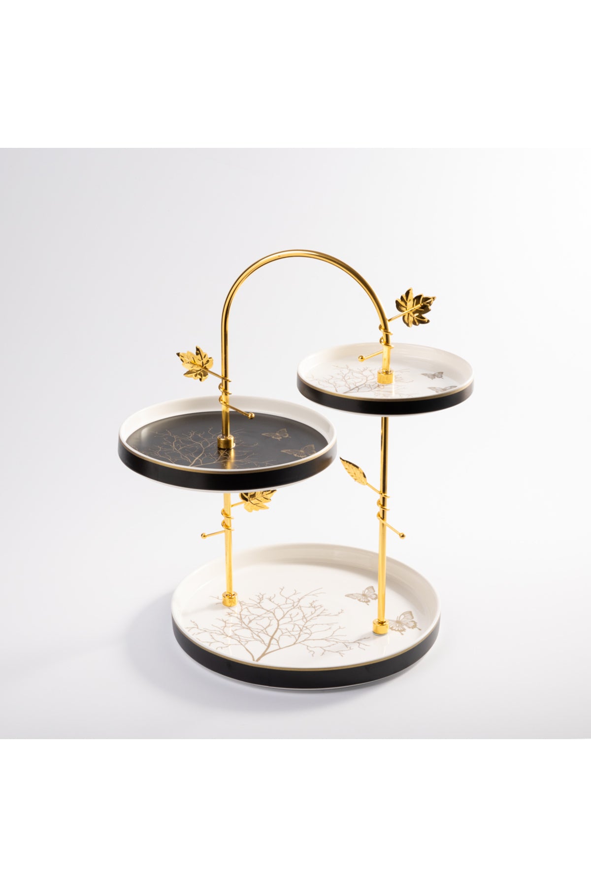 Platou etajat 3 niveluri porțelan Lifetree, structură metalică aurie, negru-auriu, 39 cm