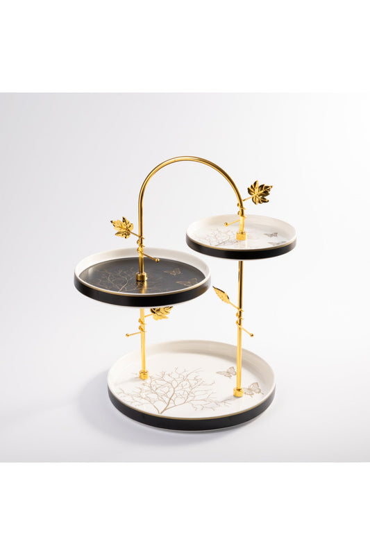 Platou etajat 3 niveluri porțelan Lifetree, structură metalică aurie, negru-auriu, 39 cm