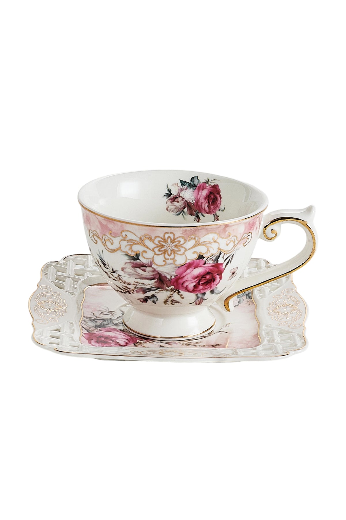 Set 2 cești cafea cu 2 farfurioare porțelan 200 ml – model floral elegant