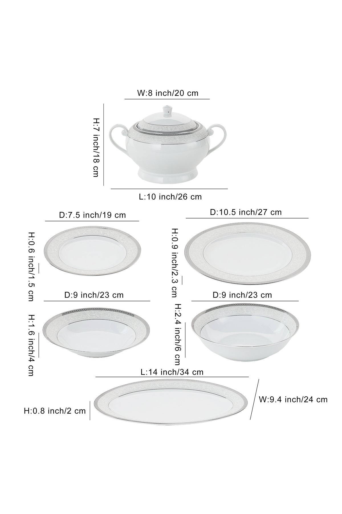 Serviciu de Masă 12 Persoane Royal Medallion din Porțelan 40 piese Design Floral cu Bordură Arginti
