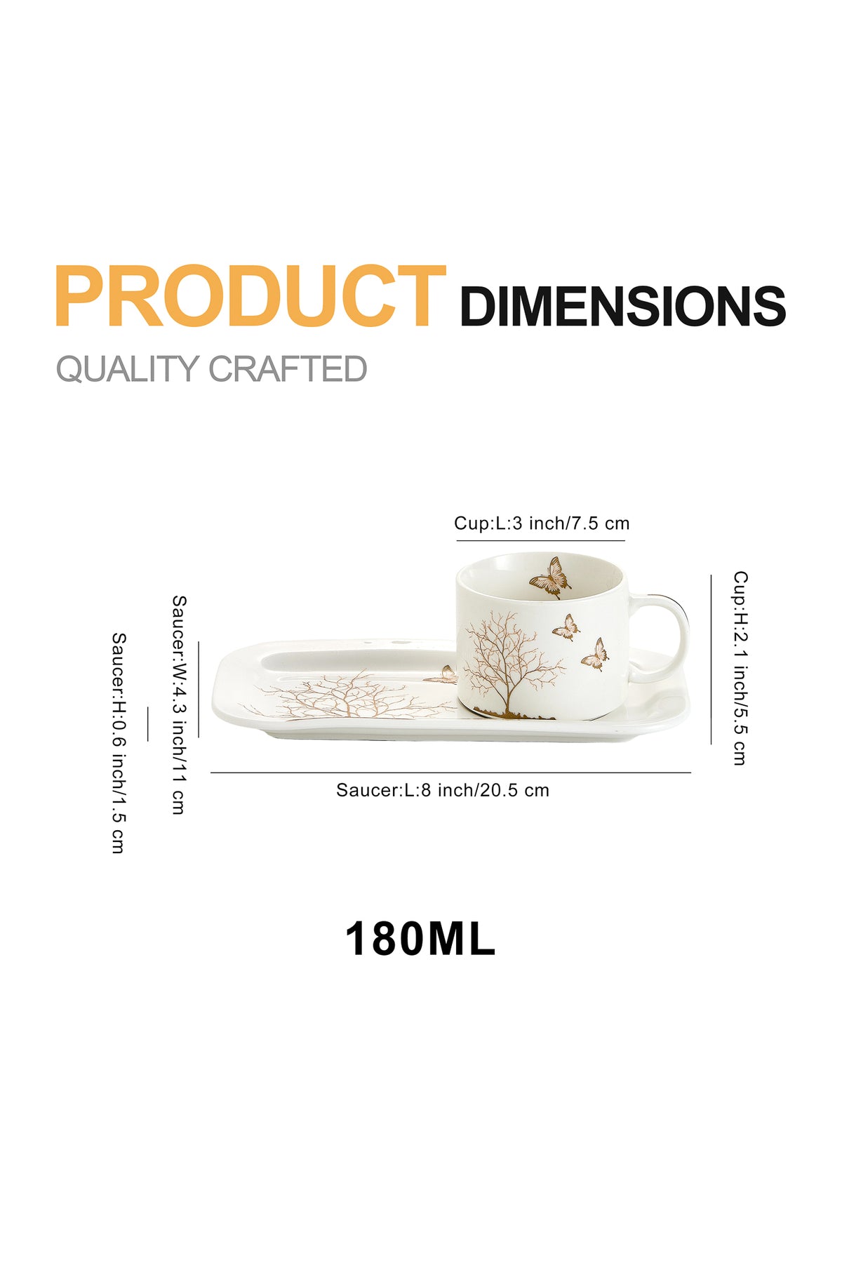 Set de 6 cești cu 6 farfurioare platou dreptunghiular, porțelan, 180 ml - Lifetree collection