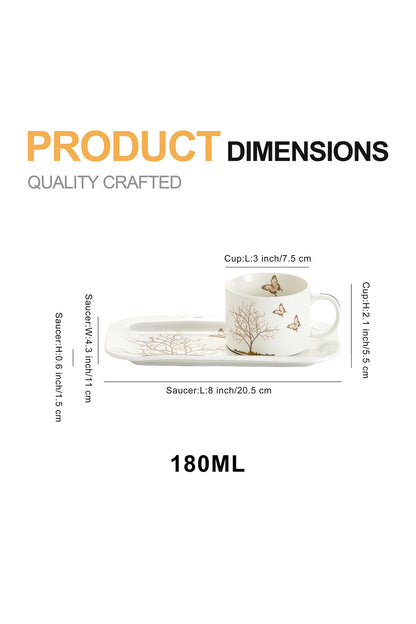 Set de 6 cești cu 6 farfurioare platou dreptunghiular, porțelan, 180 ml - Lifetree collection