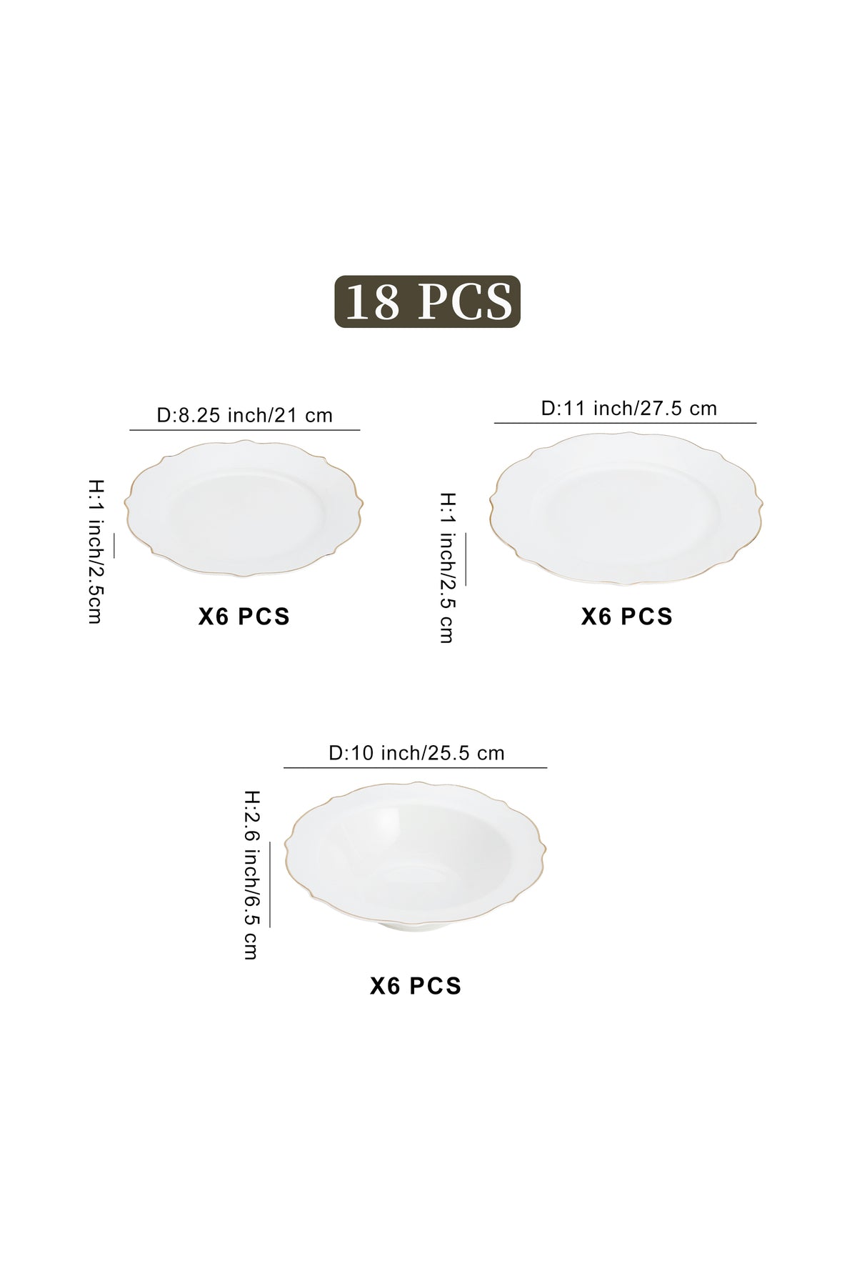 Set masă 18 piese porțelan Dubai, alb cu bordură aurie, 6 persoane